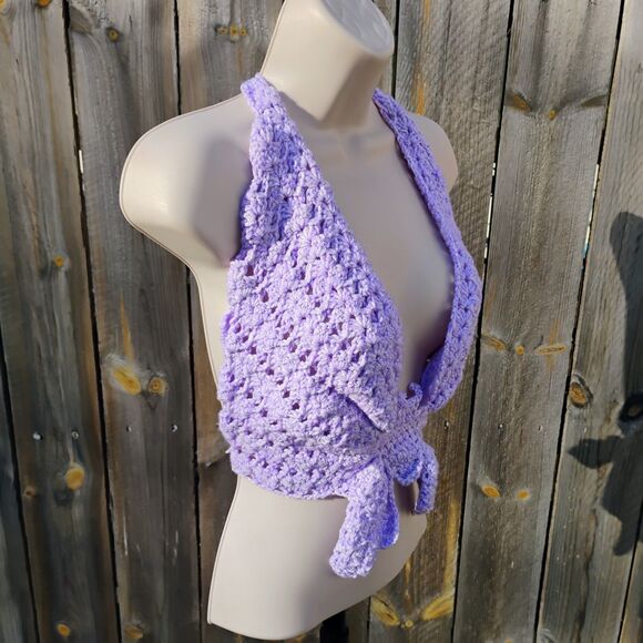 Handmade Crochet Butterfly Crop Top Boho Festival Halter Bralette Purple XS-XL - Picture 2 of 14
